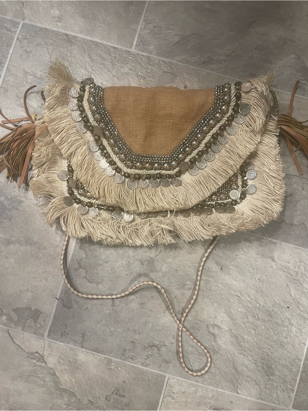 SHASHI Beige Fringe Crossbody with Coin & Bead Accents